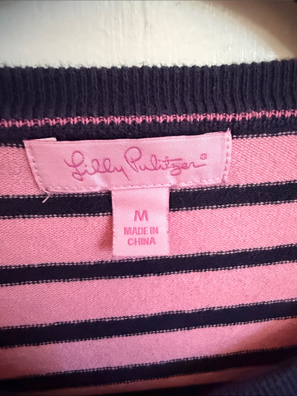 Lilly Pulitzer Striped Pink and Navy Crewneck Cardigan Sweater - Picture 2 of 4